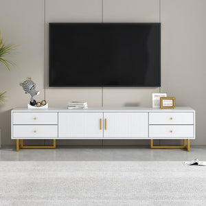 English Elm Vibe Haus Low Profile Media Console with Wave Groove Doors and Four Drawer Storage White N893P497047K
