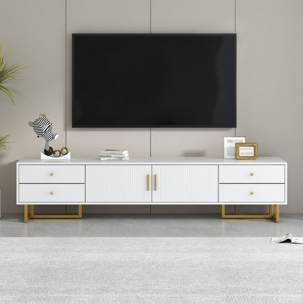 English Elm Vibe Haus Low Profile Media Console with Wave Groove Doors and Four Drawer Storage White N893P497047K