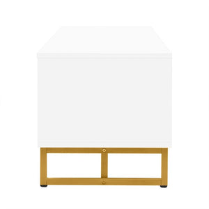 English Elm Vibe Haus Low Profile Media Console with Wave Groove Doors and Four Drawer Storage White N893P497047K