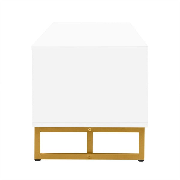 English Elm Vibe Haus Low Profile Media Console with Wave Groove Doors and Four Drawer Storage White N893P497047K
