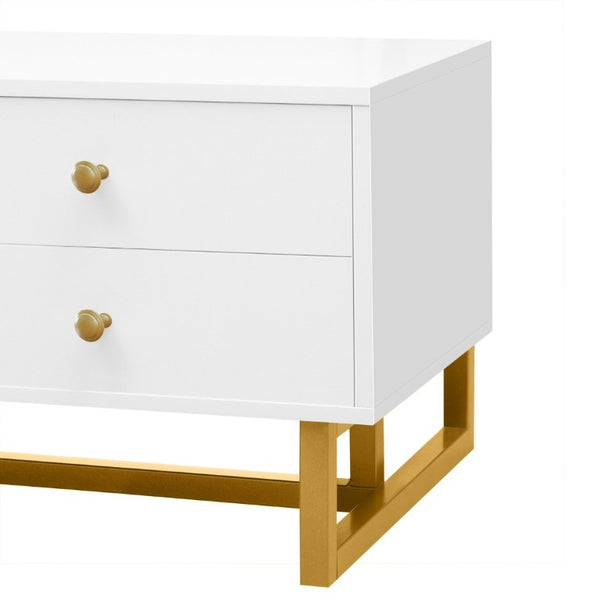 English Elm Vibe Haus Low Profile Media Console with Wave Groove Doors and Four Drawer Storage White N893P497047K