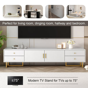 English Elm Vibe Haus Low Profile Media Console with Wave Groove Doors and Four Drawer Storage White N893P497047K