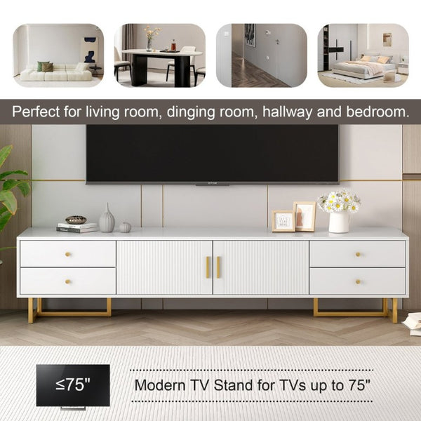 English Elm Vibe Haus Low Profile Media Console with Wave Groove Doors and Four Drawer Storage White N893P497047K