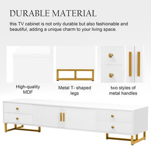 English Elm Vibe Haus Low Profile Media Console with Wave Groove Doors and Four Drawer Storage White N893P497047K