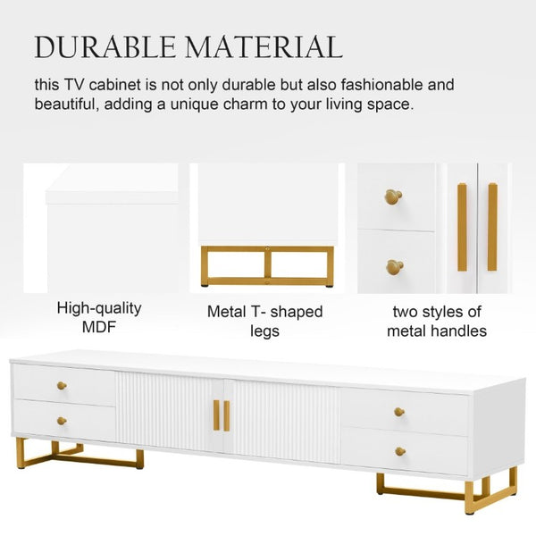 English Elm Vibe Haus Low Profile Media Console with Wave Groove Doors and Four Drawer Storage White N893P497047K