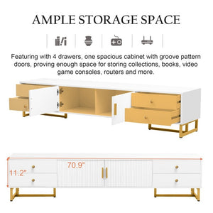 English Elm Vibe Haus Low Profile Media Console with Wave Groove Doors and Four Drawer Storage White N893P497047K
