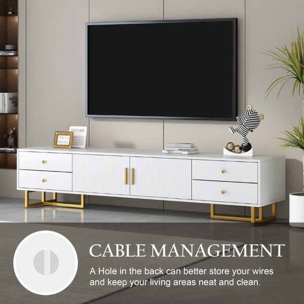 English Elm Vibe Haus Low Profile Media Console with Wave Groove Doors and Four Drawer Storage White N893P497047K