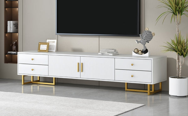 English Elm Vibe Haus Low Profile Media Console with Wave Groove Doors and Four Drawer Storage White N893P497047K