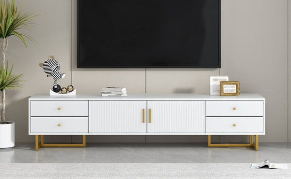 English Elm Vibe Haus Low Profile Media Console with Wave Groove Doors and Four Drawer Storage White N893P497047K