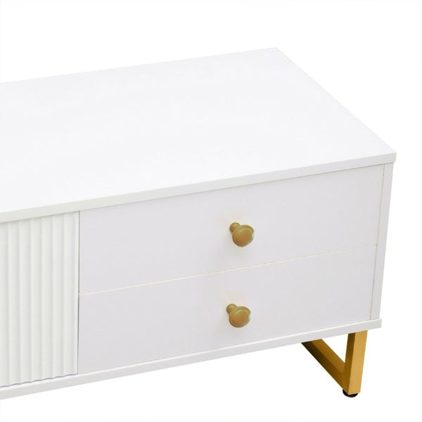 English Elm Vibe Haus Low Profile Media Console with Wave Groove Doors and Four Drawer Storage White N893P497047K