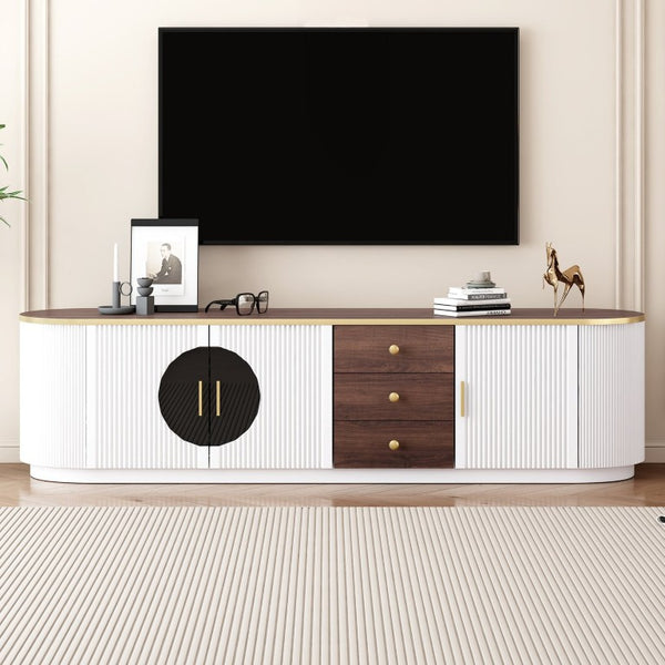 English Elm Box2 Wood Grain Veneer TV Stand with Gold Hardware and Glass Cabinet Doors White N893P498852K