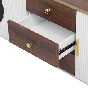 English Elm Box2 Wood Grain Veneer TV Stand with Gold Hardware and Glass Cabinet Doors White N893P498852K