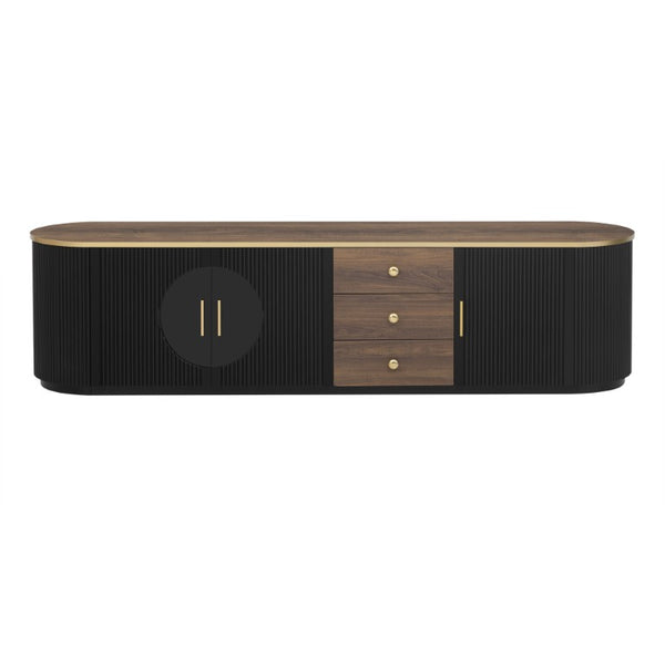 English Elm Box2 Wood Grain Veneer TV Stand with Gold Hardware and Glass Cabinet Doors Black N893P498853B