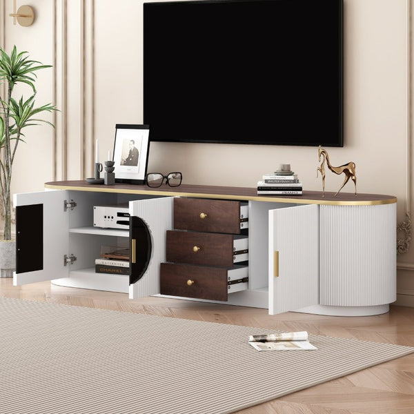 English Elm Box2 Wood Grain Veneer TV Stand with Glass Cabinet Doors and Gold Toned Hardware N893P498853K
