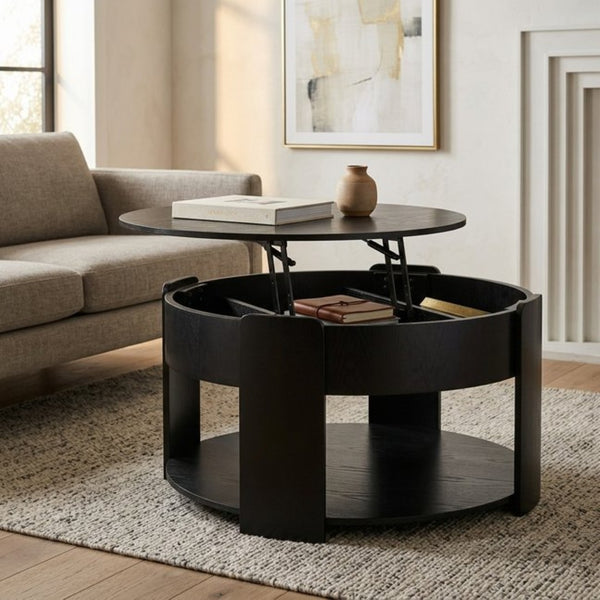 English Elm Vibe Haus Round Lift Top Coffee Table Hidden Storage Wood Grain Mdf Living Room Black N893P500710B