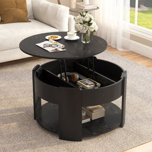 English Elm Vibe Haus Round Lift Top Coffee Table Hidden Storage Wood Grain Mdf Living Room Black N893P500710B