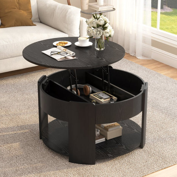 English Elm Vibe Haus Round Lift Top Coffee Table Hidden Storage Wood Grain Mdf Living Room Black N893P500710B