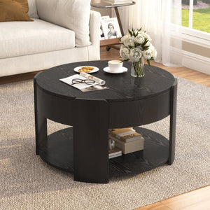 English Elm Vibe Haus Round Lift Top Coffee Table Hidden Storage Wood Grain Mdf Living Room Black N893P500710B