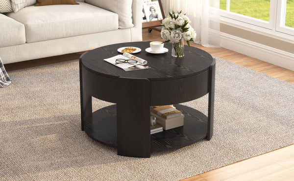 English Elm Vibe Haus Round Lift Top Coffee Table Hidden Storage Wood Grain Mdf Living Room Black N893P500710B