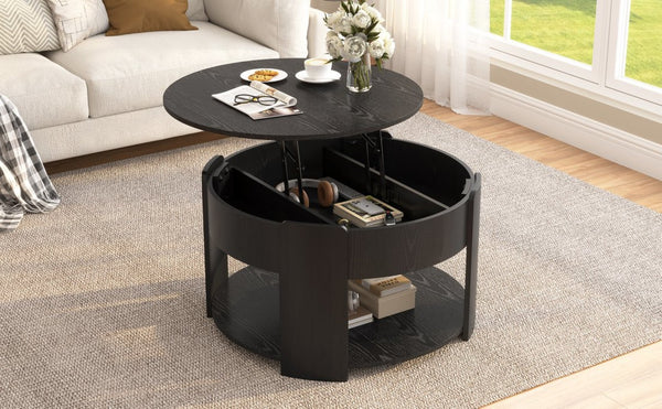English Elm Vibe Haus Round Lift Top Coffee Table Hidden Storage Wood Grain Mdf Living Room Black N893P500710B
