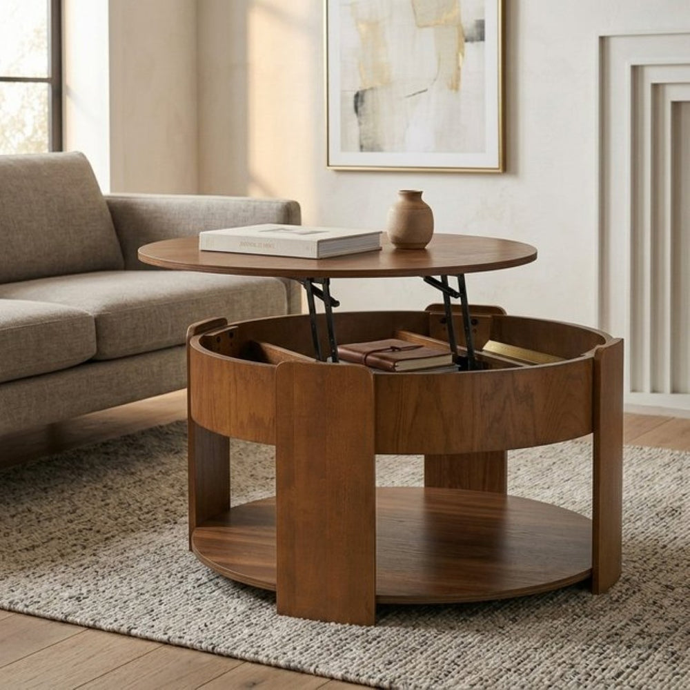 English Elm Vibe Haus Round Lift Top Coffee Table Hidden Storage Wood Grain Mdf Living Room Brown N893P500710D