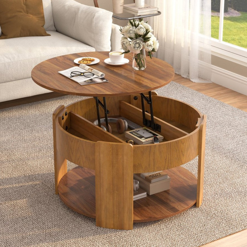 English Elm Vibe Haus Round Lift Top Coffee Table Hidden Storage Wood Grain Mdf Living Room Brown N893P500710D