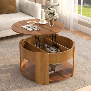 English Elm Vibe Haus Round Lift Top Coffee Table Hidden Storage Wood Grain Mdf Living Room Brown N893P500710D