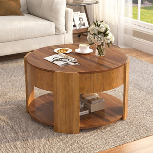 English Elm Vibe Haus Round Lift Top Coffee Table Hidden Storage Wood Grain Mdf Living Room Brown N893P500710D