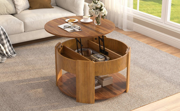 English Elm Vibe Haus Round Lift Top Coffee Table Hidden Storage Wood Grain Mdf Living Room Brown N893P500710D