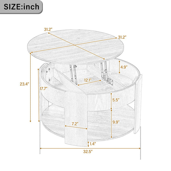 English Elm Vibe Haus Round Lift Top Coffee Table Hidden Storage Wood Grain Mdf Living Room Brown N893P500710D