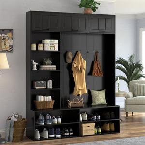 English Elm Vibe Haus Farmhouse Hall Tree with Bench Shoe Storage Cabinet and Four Coat Hooks Black N893S000012B