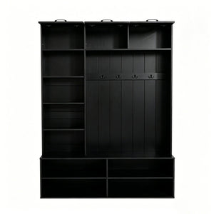 English Elm Vibe Haus Farmhouse Hall Tree with Bench Shoe Storage Cabinet and Four Coat Hooks Black N893S000012B