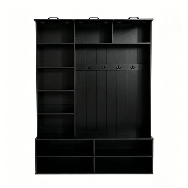 English Elm Vibe Haus Farmhouse Hall Tree with Bench Shoe Storage Cabinet and Four Coat Hooks Black N893S000012B