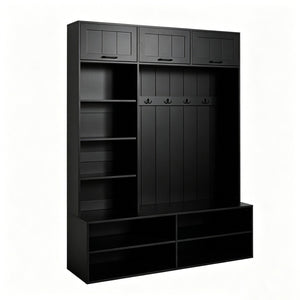 English Elm Vibe Haus Farmhouse Hall Tree with Bench Shoe Storage Cabinet and Four Coat Hooks Black N893S000012B