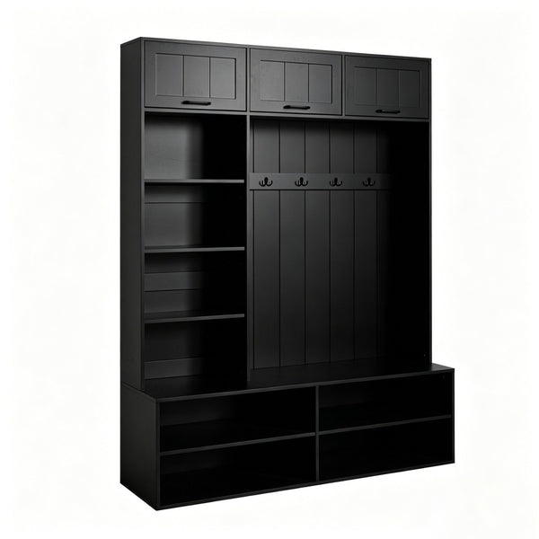 English Elm Vibe Haus Farmhouse Hall Tree with Bench Shoe Storage Cabinet and Four Coat Hooks Black N893S000012B