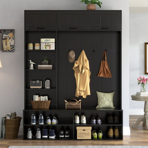 English Elm Vibe Haus Farmhouse Hall Tree with Bench Shoe Storage Cabinet and Four Coat Hooks Black N893S000012B