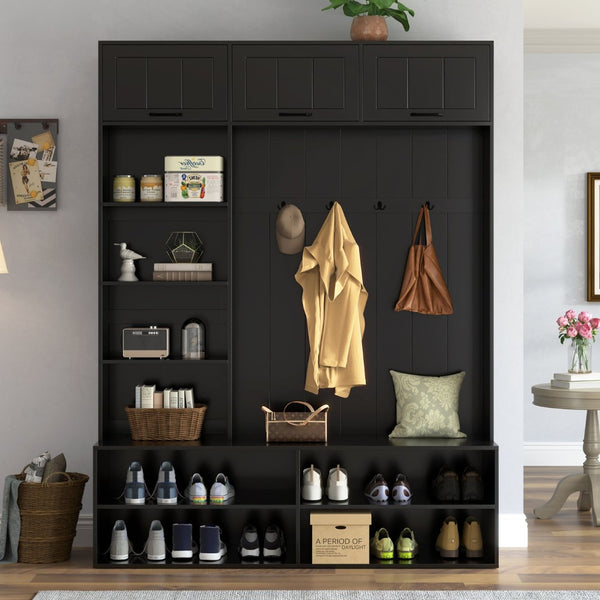 English Elm Vibe Haus Farmhouse Hall Tree with Bench Shoe Storage Cabinet and Four Coat Hooks Black N893S000012B