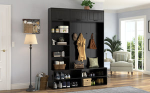 English Elm Vibe Haus Farmhouse Hall Tree with Bench Shoe Storage Cabinet and Four Coat Hooks Black N893S000012B