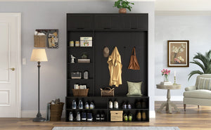 English Elm Vibe Haus Farmhouse Hall Tree with Bench Shoe Storage Cabinet and Four Coat Hooks Black N893S000012B