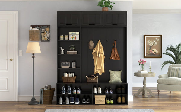 English Elm Vibe Haus Farmhouse Hall Tree with Bench Shoe Storage Cabinet and Four Coat Hooks Black N893S000012B