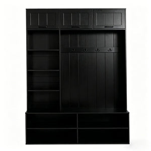 English Elm Vibe Haus Farmhouse Hall Tree with Bench Shoe Storage Cabinet and Four Coat Hooks Black N893S000012B