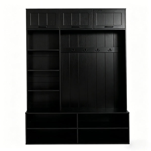English Elm Vibe Haus Farmhouse Hall Tree with Bench Shoe Storage Cabinet and Four Coat Hooks Black N893S000012B