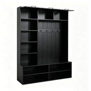 English Elm Vibe Haus Farmhouse Hall Tree with Bench Shoe Storage Cabinet and Four Coat Hooks Black N893S000012B
