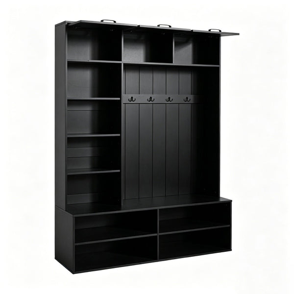 English Elm Vibe Haus Farmhouse Hall Tree with Bench Shoe Storage Cabinet and Four Coat Hooks Black N893S000012B