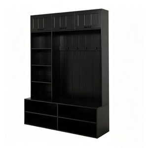 English Elm Vibe Haus Farmhouse Hall Tree with Bench Shoe Storage Cabinet and Four Coat Hooks Black N893S000012B