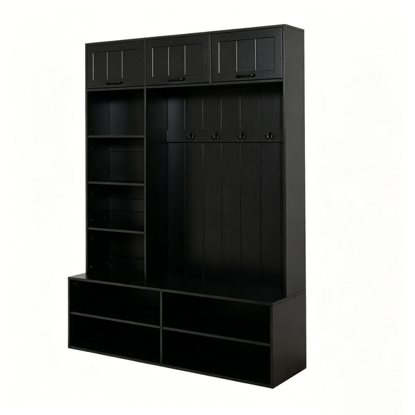 English Elm Vibe Haus Farmhouse Hall Tree with Bench Shoe Storage Cabinet and Four Coat Hooks Black N893S000012B