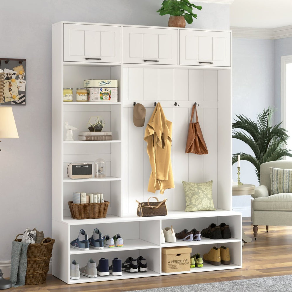 English Elm Vibe Haus Farmhouse Hall Tree with Bench Shoe Storage Cabinet and Four Coat Hooks White N893S000012K