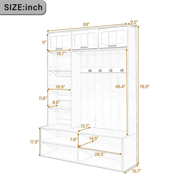 English Elm Vibe Haus Farmhouse Hall Tree with Bench Shoe Storage Cabinet and Four Coat Hooks White N893S000012K