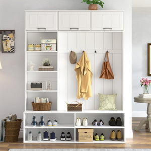 English Elm Vibe Haus Farmhouse Hall Tree with Bench Shoe Storage Cabinet and Four Coat Hooks White N893S000012K