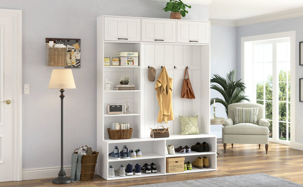 English Elm Vibe Haus Farmhouse Hall Tree with Bench Shoe Storage Cabinet and Four Coat Hooks White N893S000012K